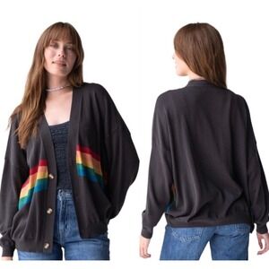 Natural Life Rainbow Stripe Cardigan Sweater Charcoal Grey Cotton Womens Medium